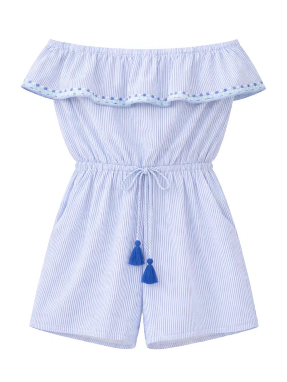 Vineyard Vines Light Blue Off-Shoulder Romper with Tassel Tie